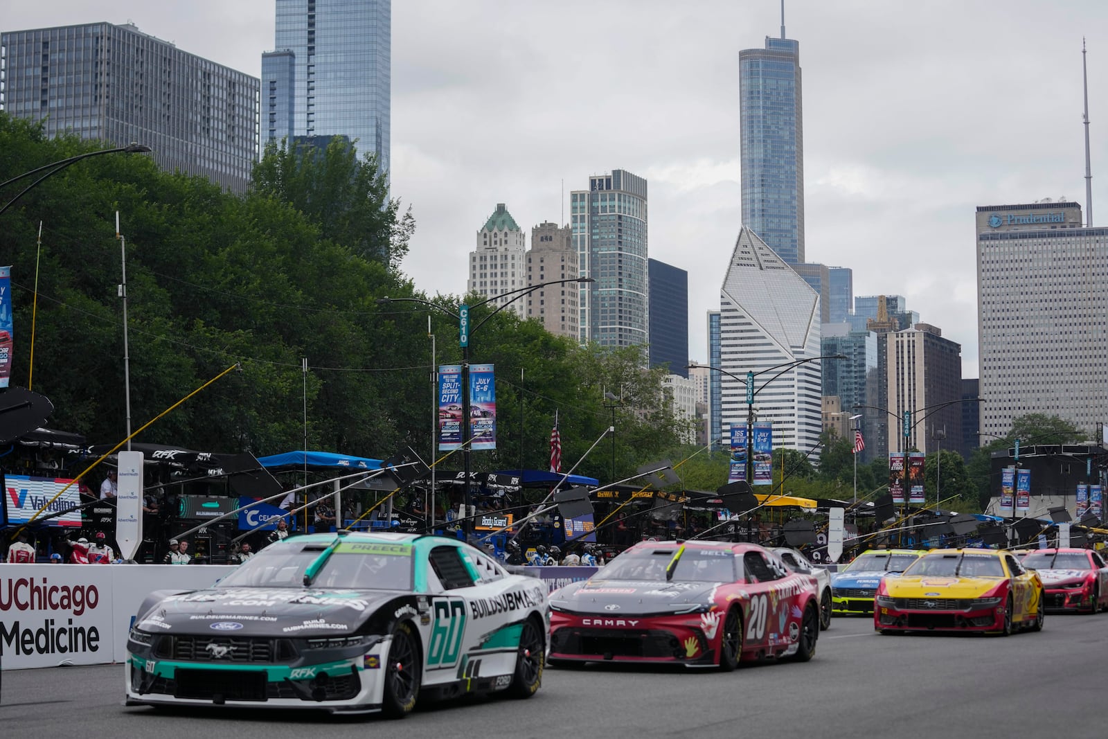Drivers race in a NASCAR Cup Series auto race at the Grant Park 220, Sunday, July 6, 2025, in Chicago. (AP Photo/Erin Hooley)