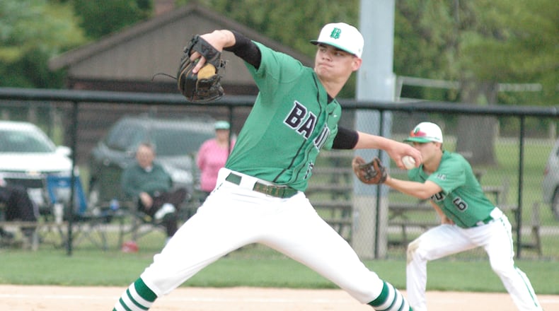Badin High School's Spencer Giesting makes a delivery on the mound during a Greater Catholic League Coed Division baseball game against Fenwick at Alumni Field in Joyce Park. JN FILE