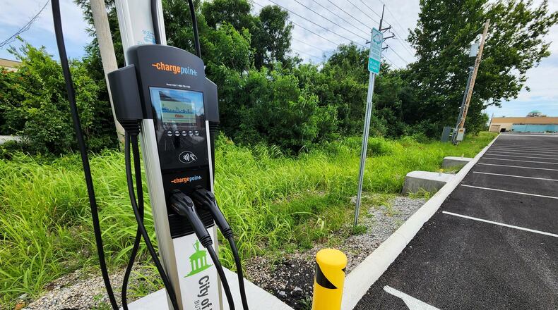 Hamilton has installed three charging points for electric vehicles, or commonly referenced as EVs. Pictured is the one, at 790 N. 3rd St. There are also EV charging points at 123 Main St. and 218 S. 3rd St. NICK GRAHAM/STAFF