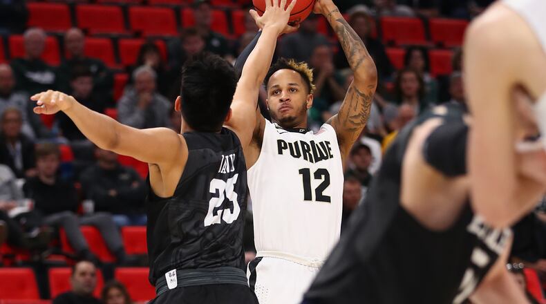 Purdue's Vincent Edwards shoots during the first half against the Butler Bulldogs in the second round of the 2018 NCAA Men's Basketball Tournament at Little Caesars Arena on March 18, 2018 in Detroit, Michigan. (Photo by Gregory Shamus/Getty Images)