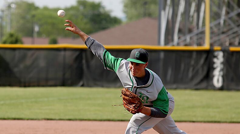 Badin’s Seth Klaiber throws to a Chaminade Julienne batter during the Rams’ 3-2 loss to the Eagles in a Division II sectional final at Miamisburg on May 18, 2017. CONTRIBUTED PHOTO BY E.L. HUBBARD