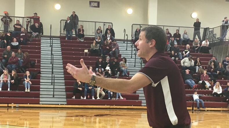 Lebanon High School boys basketball coach Kevin Higgins is shown in action during a game in Lebanon this season. RICK CASSANO/STAFF