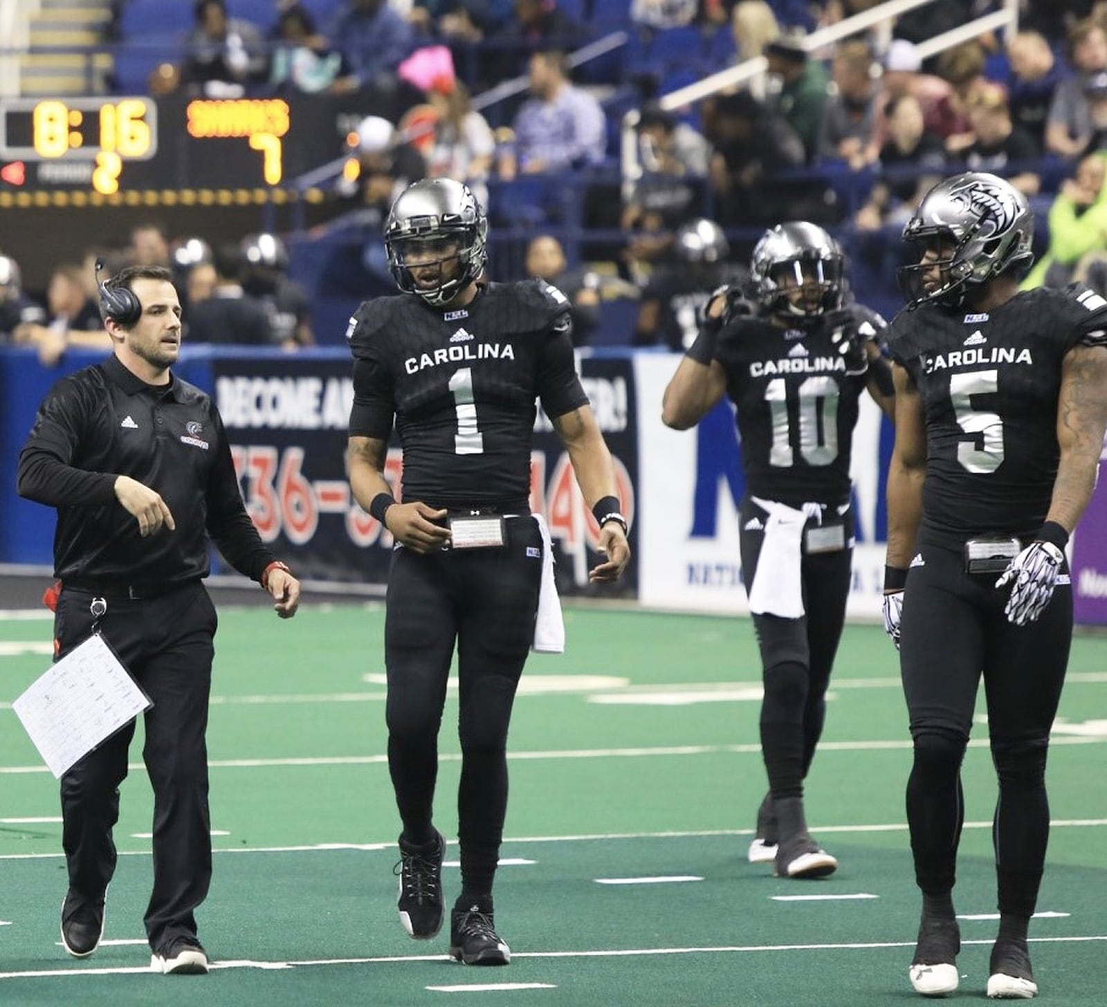 Carolina head coach Billy Back talks to his players during a game last season. The Cobras won the National Arena League championship in their inaugural year at the Greensboro Coliseum in Greensboro, N.C. PHOTO COURTESY OF CAROLINA COBRAS