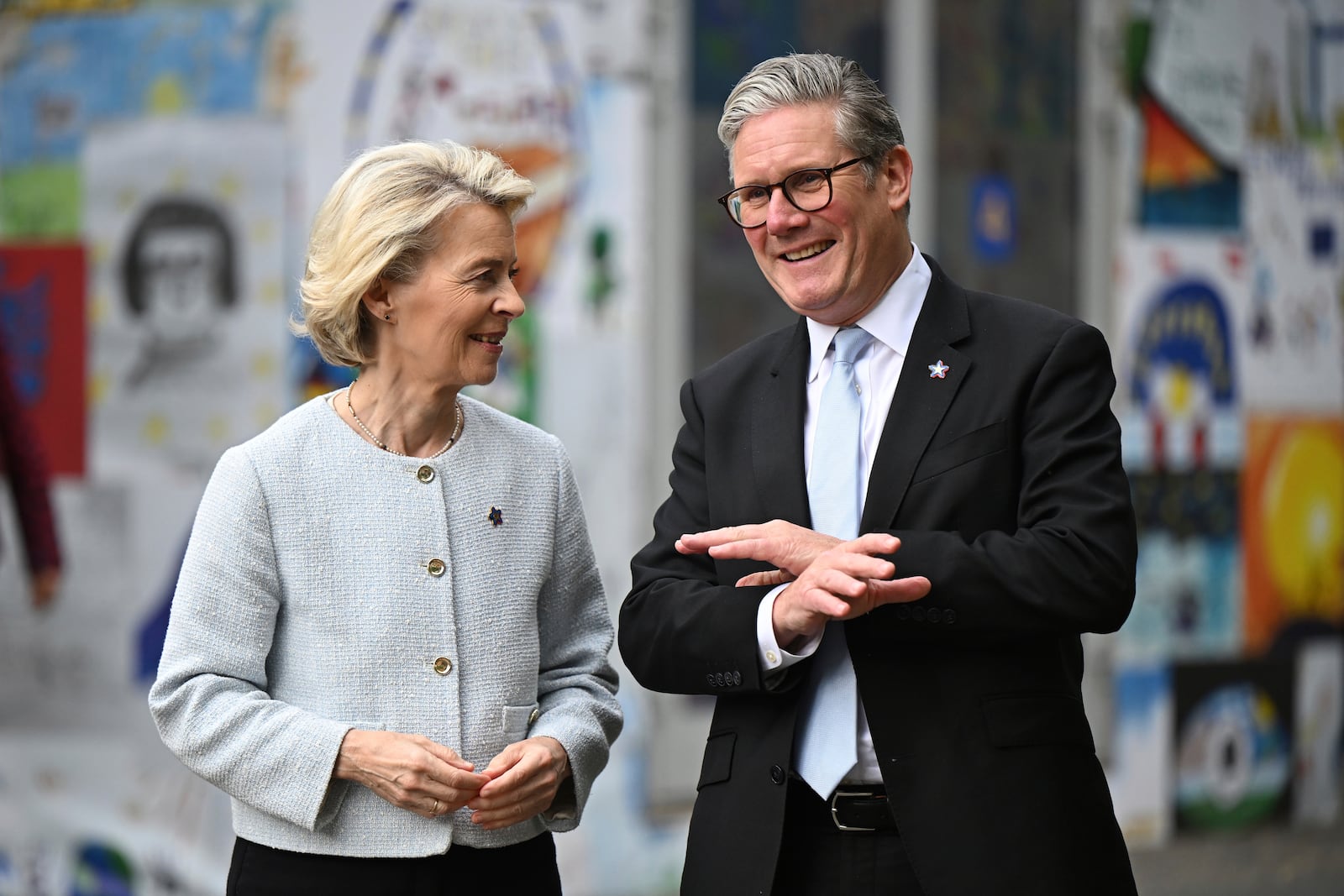 Ursula von der Leyen, President of the European Commission, left, and Keir Starmer, Prime Minister of the United Kingdom greet each other, ahead of their bilateral meeting at the 6th European Political Community summit Friday May 16, 2025 in Tirana, Albania. (Leon Neal/Pool via AP)