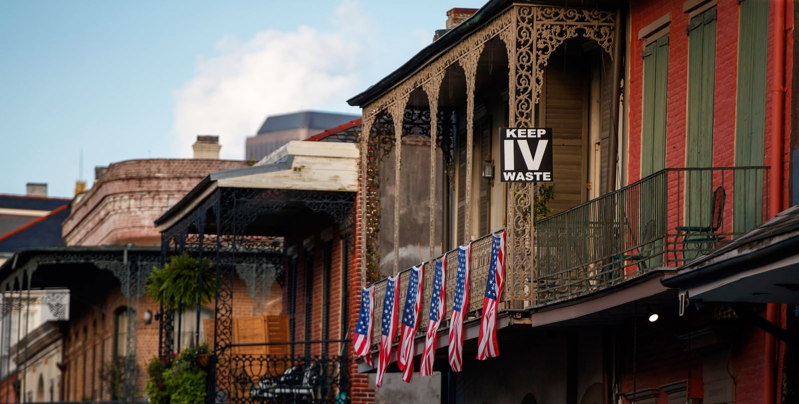 Keep IV Waste signs are posted throughout the New Orleans French Quarter and the central business district of New Orleans, Monday, July 21, 2025. (David Grunfeld/The Times-Picayune/The New Orleans Advocate via AP)