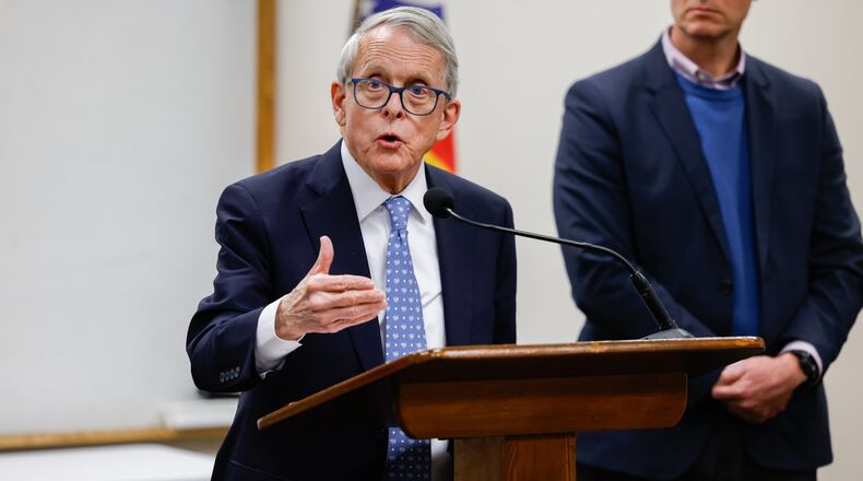 Gov. Mike DeWine talks during a press conference on Thursday afternoon in Versailles. DeWine visited the area for an update on how avian flu is affecting area poultry farming.