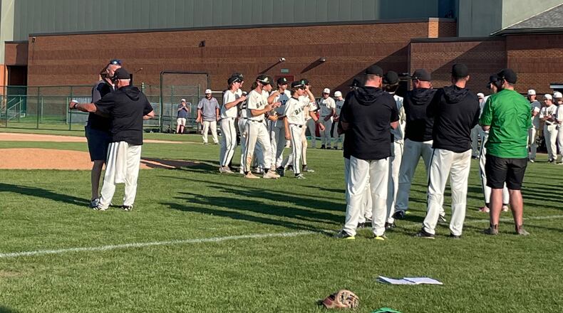Badin celebrates a victory against Buckeye Valley in a Division II regional final on Friday, June 3, 2022, at Mason. Photo by Benjamin Conroy