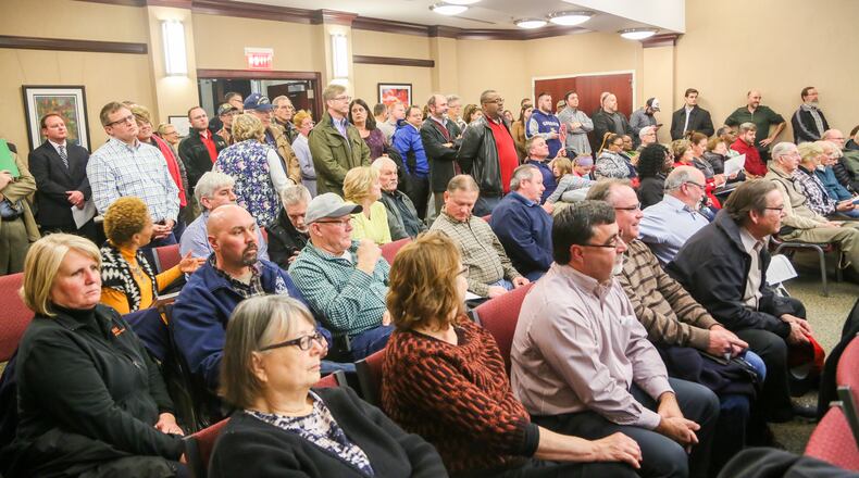 An overflow crowd of union workers converged on the West Chester township trustee meeting Tuesday evening, to protest a plan to make the township a “Right to Work” place. West Chester Twp. trustees now plan to hold a special meeting on the topic of “Right to Work”. GREG LYNCH / STAFF