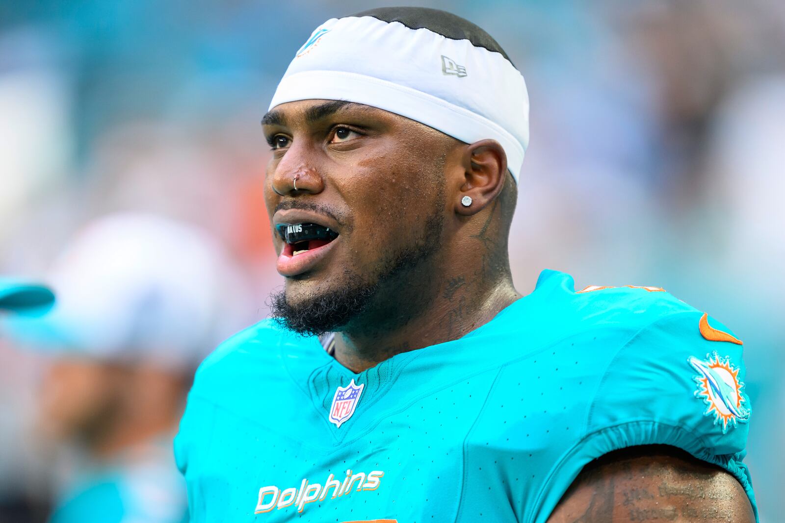 FILE - Miami Dolphins tackle Bayron Matos (79) stands on the sidelines before the start of a preseason NFL football game against the Atlanta Falcons, Friday, Aug. 9, 2024, in Miami Gardens, Fla. (AP Photo/Doug Murray, File(