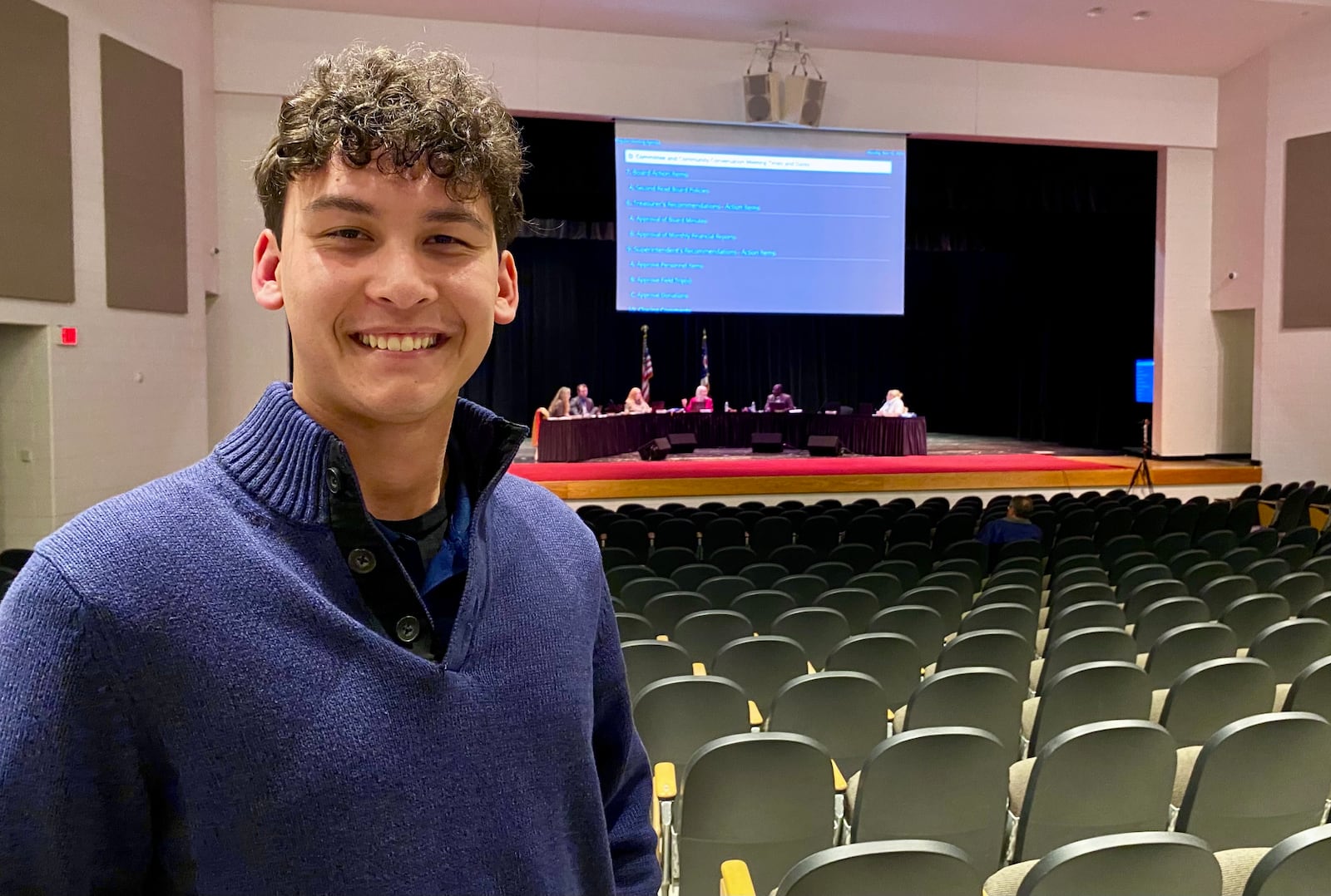 Benjamin Nguyen, the youngest, winning candidate in the history of Lakota Schools to get voter-approval to join the school board, is seen here as the district's governing board conducts a recent meeting. Nguyen, who will be sworn in soon to start his four-year term, won his first election campaign, beating his next closest opponent by nearly by more than 2,300 votes. (Photo By Michael D. Clark/Journal-News)