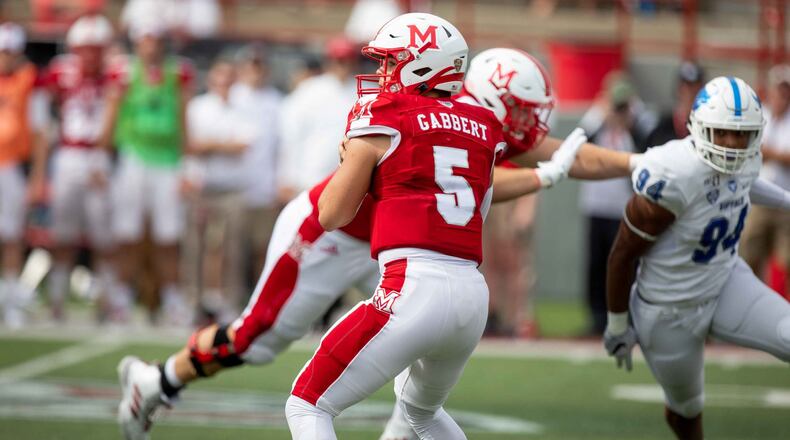 Miami RedHawks quarterback Brett Gabbert during Saturday’s game vs. Buffalo. CONTRIBUTED PHOTO