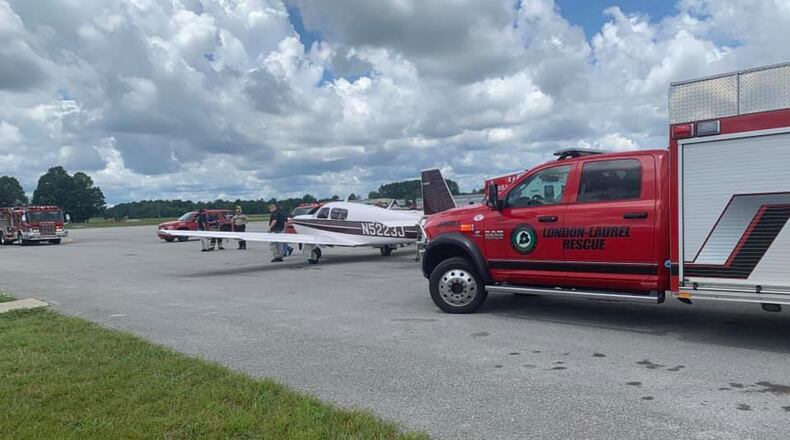 Sam Nelson, 71, of Middletown, landed his plane safely Sunday afternoon after feeling dizzy while flying from Middletown to Florida. Several medical vehicles responded to the London-Corbin Airport. PHOTO COURTESY OF LONDON-LAUREL RESCUE SQUAD