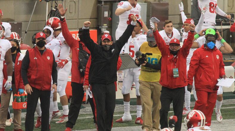 Indiana coaches celebrate a defensive stop against Ohio State in the fourth quarter on Saturday, Nov. 22, 2020, at Ohio Stadium in Columbus. David Jablonski/Staff