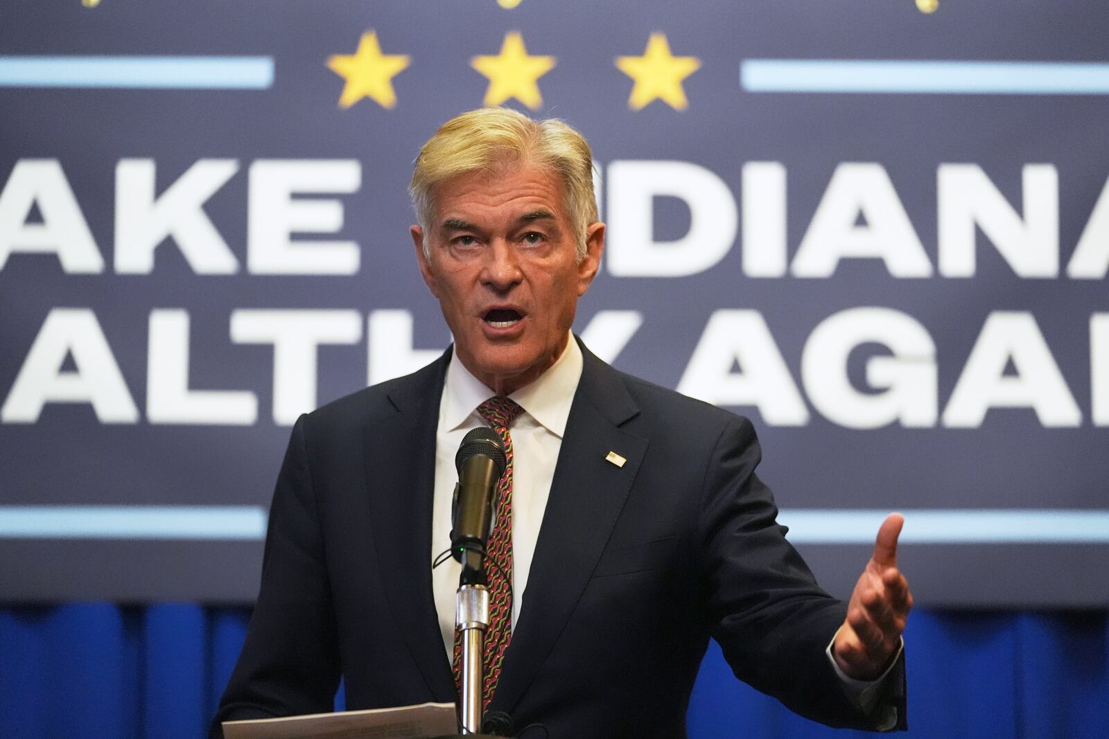 Medicaid Services Administrator Dr. Mehmet Oz speaks during a Make Indiana Healthy Again initiative event in Indianapolis, Tuesday, April 15, 2025. (AP Photo/Michael Conroy)