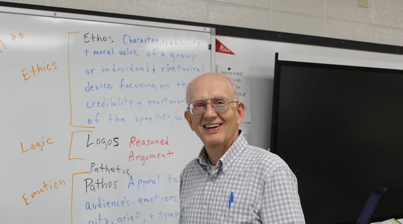 At a time when many teachers start to peel back instructional responsibilities, Mark O’Hara has instead marked his 41st year of teaching by picking up the pace.
The Badin English teacher just started his 26th year at Butler County’s only Catholic high school – his 41st overall – and continues his long stretch as an adjunct professor at Miami University. (Contributed/Journal-News)