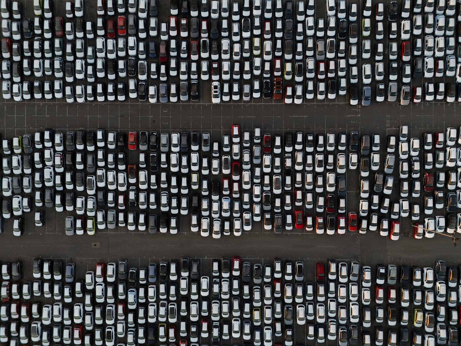 New cars sit at Tilbury Port in Essex, Britain, Monday April 7, 2025. (Jamie Lashma/PA via AP)