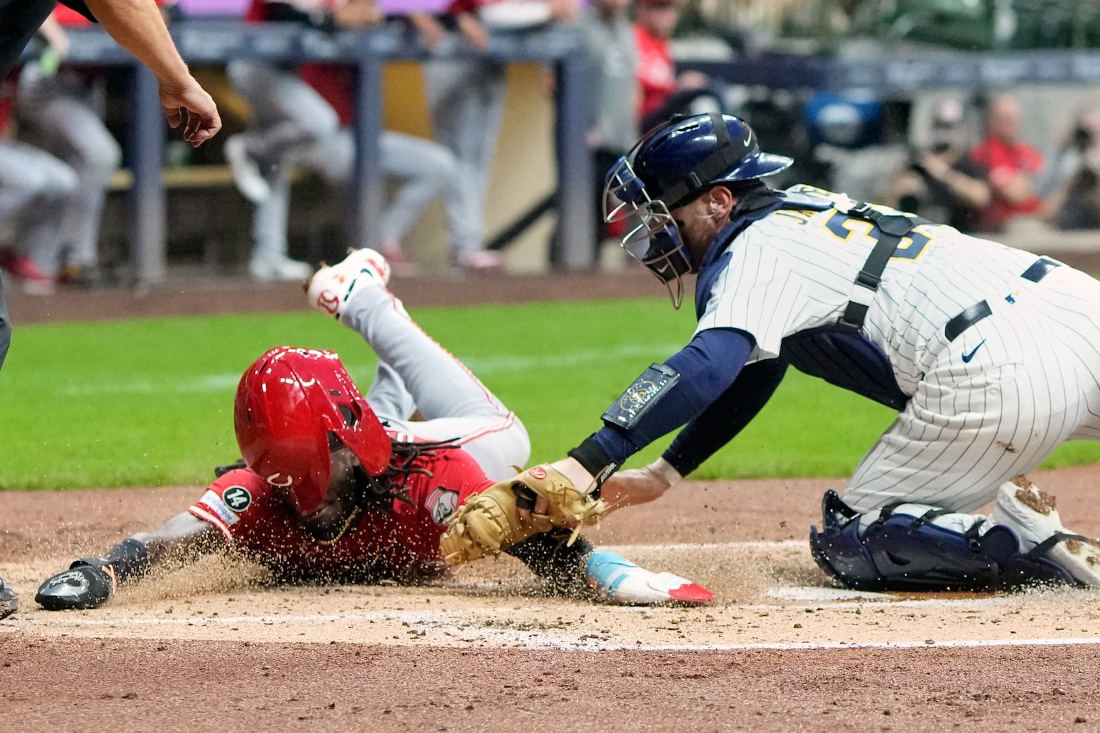 Milwaukee Brewers catcher Danny Janse tags out Cincinnati Reds' Elly De La Cruz at home during the second inning of a baseball game Saturday, Sept. 27, 2025, in Milwaukee. (AP Photo/Morry Gash)