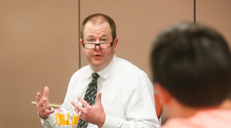 Ross Schools superintendent Scott Gates talks with students in his Superintendent Student Advisory Council during a meeting at Ross Middle School, Wednesday, May 10, 2017. GREG LYNCH / STAFF