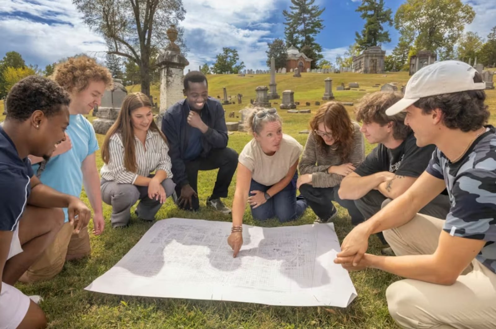 The author and students from her advanced GIS course investigate paper maps of the cemetery. MIAMI UNIVERSITY COMMUNICATIONS/CONTRIBUTED