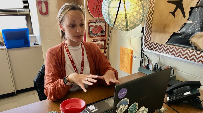 Lakota Ridge Junior School teacher Katie Bauer is one of hundreds of teachers who are splitting their work days between leading online learning and teaching in-person classes. More than 3,500 Lakota students are in the district's Virtual Learning Option this fall due to coronavirus concerns. (Provided Photo\Journal-News)