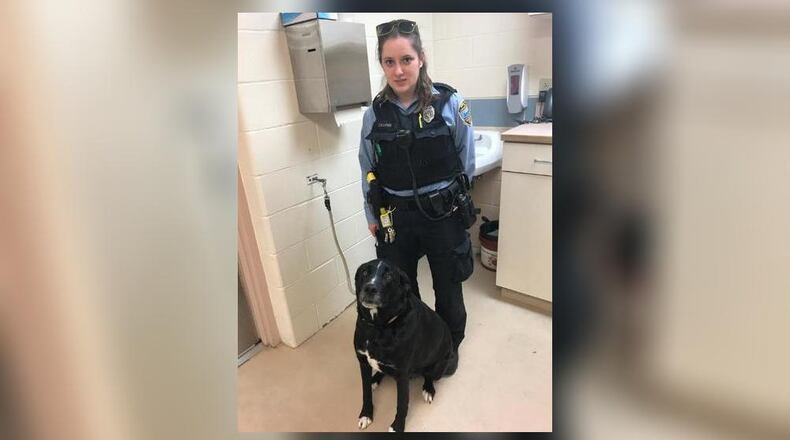 Toby the Labrador at Montgomery County Animal Resource Center with an ARC officer. Contributed photo from Montgomery County Animal Resource Center Facebook