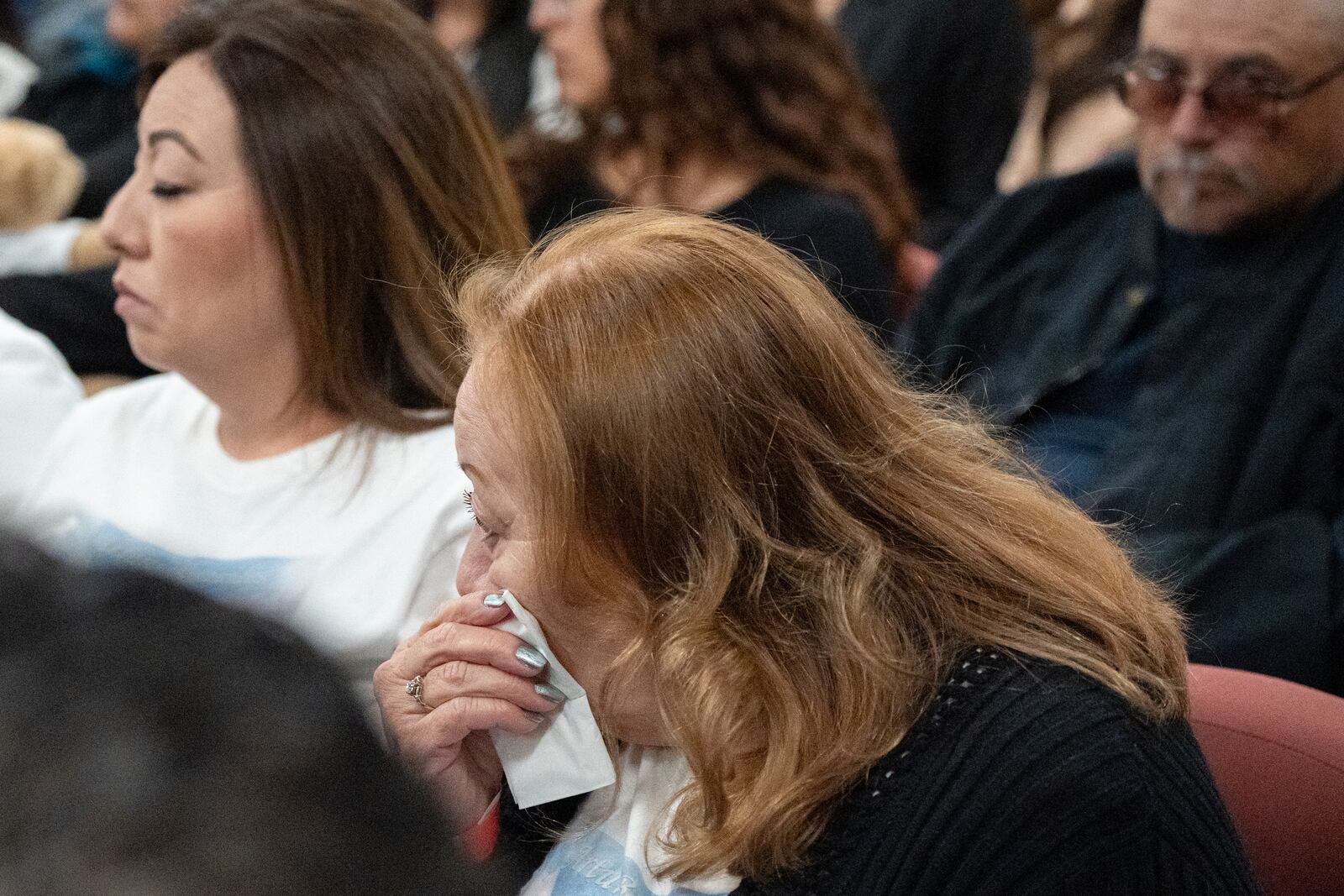 Yolanda Tinajero, whose brother Arturo Benavides was killed in the 2019 El Paso Walmart shooting, reacts during a hearing for Patrick Crusius in El Paso, Texas, Monday, April 21, 2025. (Omar Ornelas/Pool Photo via AP)