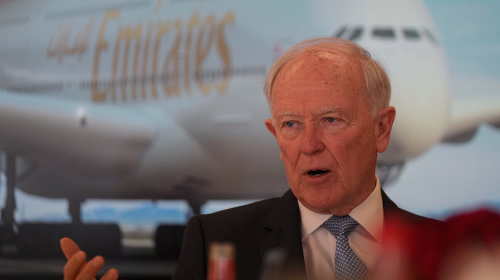 Tim Clark, the president of Emirates Airlines, speaks to journalists at the Dubai Air Show, United Arab Emirates, Tuesday, Nov. 18, 2025. (AP Photo/Altaf Qadri)