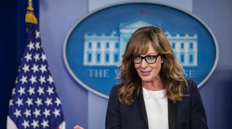 Allison Janney, who won four Emmys playing press secretary C.J. Gregg on The West Wing, drops in on a real daily briefing at the White House in Washington, April 29, 2016. Janney was on hand for an event honoring community leaders in the battle against prescription drug and heroin abuse. (Zach Gibson/The New York Times)