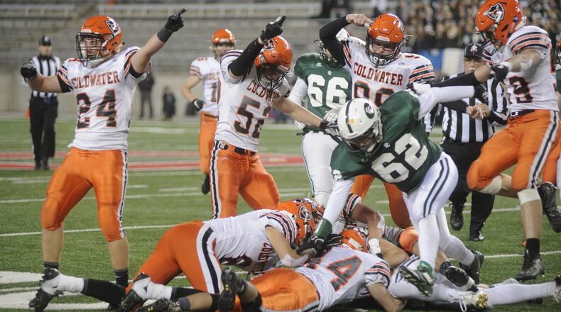 Coldwater lost Canton Central Catholic 16-13 in the Division V high school football state championship at Ohio Stadium last December. MARC PENDLETON / STAFF