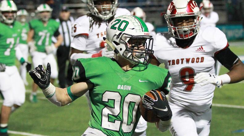 Alex DeLong of Badin (20) turns the corner on Daylen Morgan of Trotwood (9). DeLong was named first team All-Ohio D-III. MARC PENDLETON / STAFF
