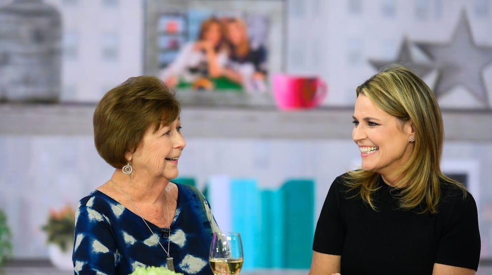 In this image provided by NBCUniversal, Savannah Guthrie, right, her mom Nancy speak, Wednesday, April 17, 2019, in New York. (Nathan Congleton/NBCUniversal via AP)