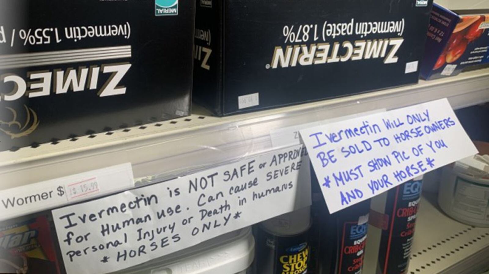 V&V Tack and Feed posted a warning and a requirement to buy ivermectin out of fear that customers were buying it for human consumption. ROSS DIMATTEI / CONTRIBUTED