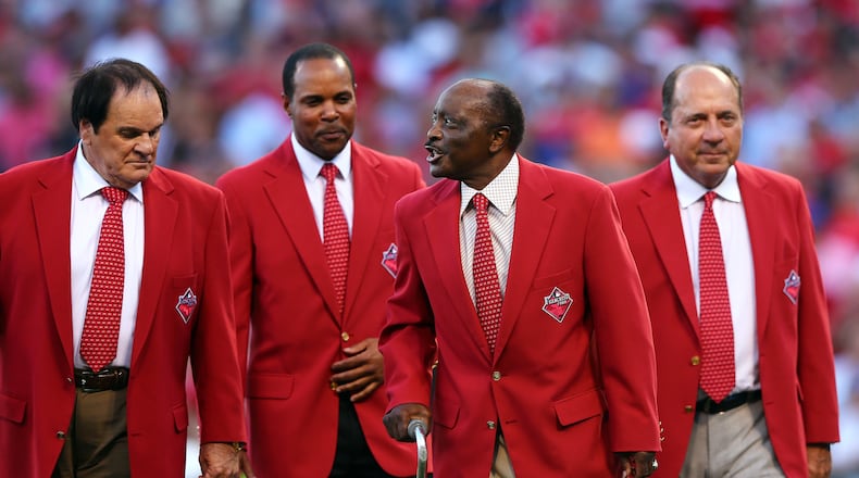 Former  Reds players -- left to right -- Pete Rose, Barry Larkin, Joe Morgan and Johnny Bench had their hands full with the Dodgers in the 1970s, when both teams were in the National League West. Rose, Morgan and Bench played for the Big Red Machine back then, and Larkin was a fan while growing up in Cincinnati. Here, they walk on the field prior to the 86th MLB All-Star Game at the Great American Ball Park in 2015.