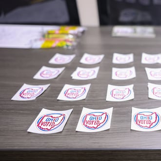 Stickers were being offered to early voters at the Montgomery County Board of Elections on Tuesday, Oct. 7, 2025. BRYANT BILLING / STAFF