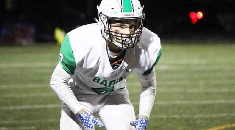Badin cornerback Luke Tabler assumes a defensive position during last Friday's 33-22 victory over Vandalia Butler in a Division III, Region 12 football playoff game at Memorial Field in Vandalia. Tabler had three interceptions, returning one for a touchdown. CONTRIBUTED PHOTO BY TERRI ADAMS