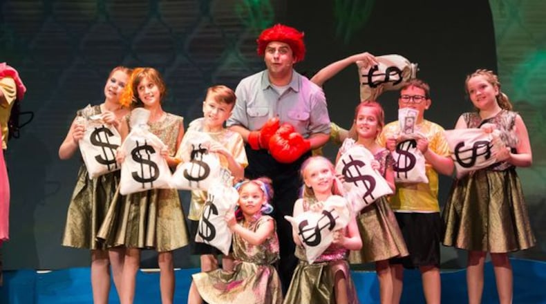 Actors in Rise Up Performing Arts’ production of The SpongeBob Musical in Middletown in April took the stage in some costumes created from Thread Up donations. All the little girls are shown wearing skirts made from donated gold fabric, and Squidward wore a tux jacket lined with a blue iridescent organza donation. CONTRIBUTED