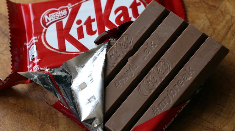 FILE - A KitKat chocolate bar in Rugby, England, on July 25, 2018. (AP Photo/Martin Cleaver, File)