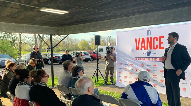 U.S. Senate candidate JD Vance speaks at a campaign event in Huber Heights April, 21, 2022.