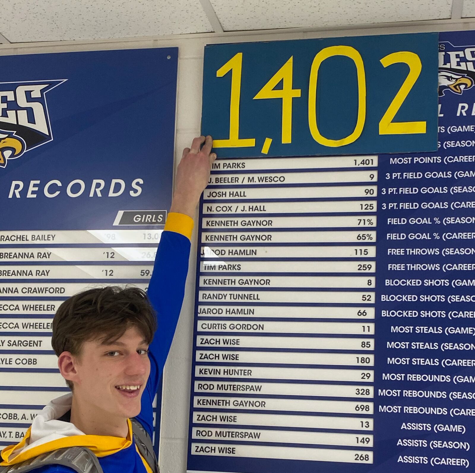 Middletown Christian senior Jared Rose after he surpassed Tim Parks atop the school's all-time basketball scoring list. Rose finished his career with 1,485 points. CONTRIBUTED