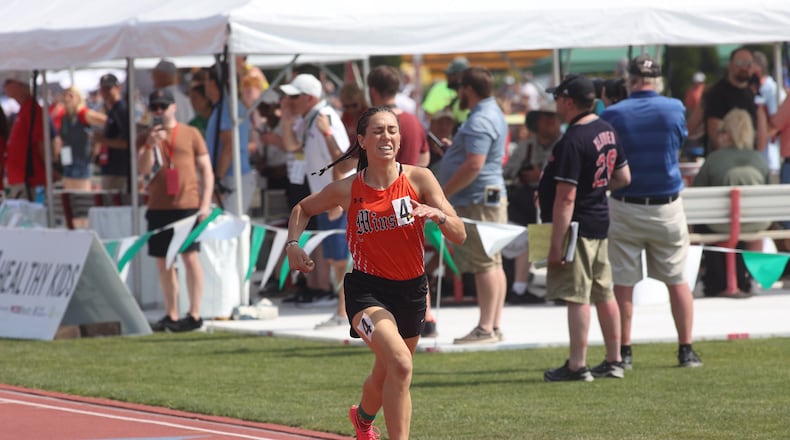 Minster's Taylor Roth runs to victory in the 800-meter run at the Division III state track meet on Saturday, June 3, 2023, at Jesse Owens Memorial Stadium in Columbus, Ohio. David Jablonski/Staff