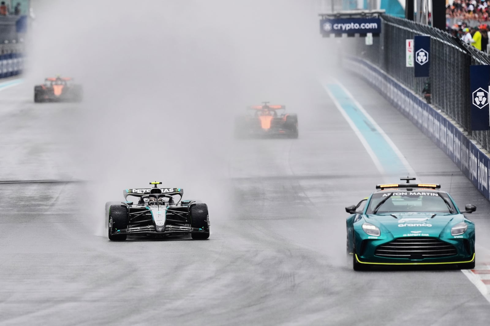 Drivers participate in a safety car lap before the Sprint race at the Formula One Miami Grand Prix auto race, Saturday, May 3, 2025, in Miami Gardens, Fla. (AP Photo/Rebecca Blackwell)