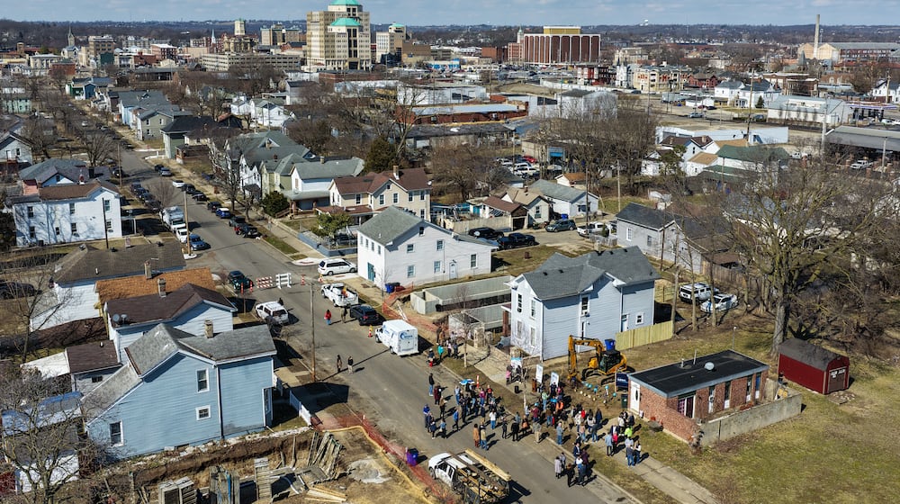 Habitat for Humanity of Greater Cincinnati in partnership with the city of Hamilton celebrated the groundbreaking of a seven-home development Friday, Feb 27, 2026, on Ludlow Street in Hamilton. The project is part of the Build Back the Block initiative. NICK GRAHAM VIA DRONE/STAFF