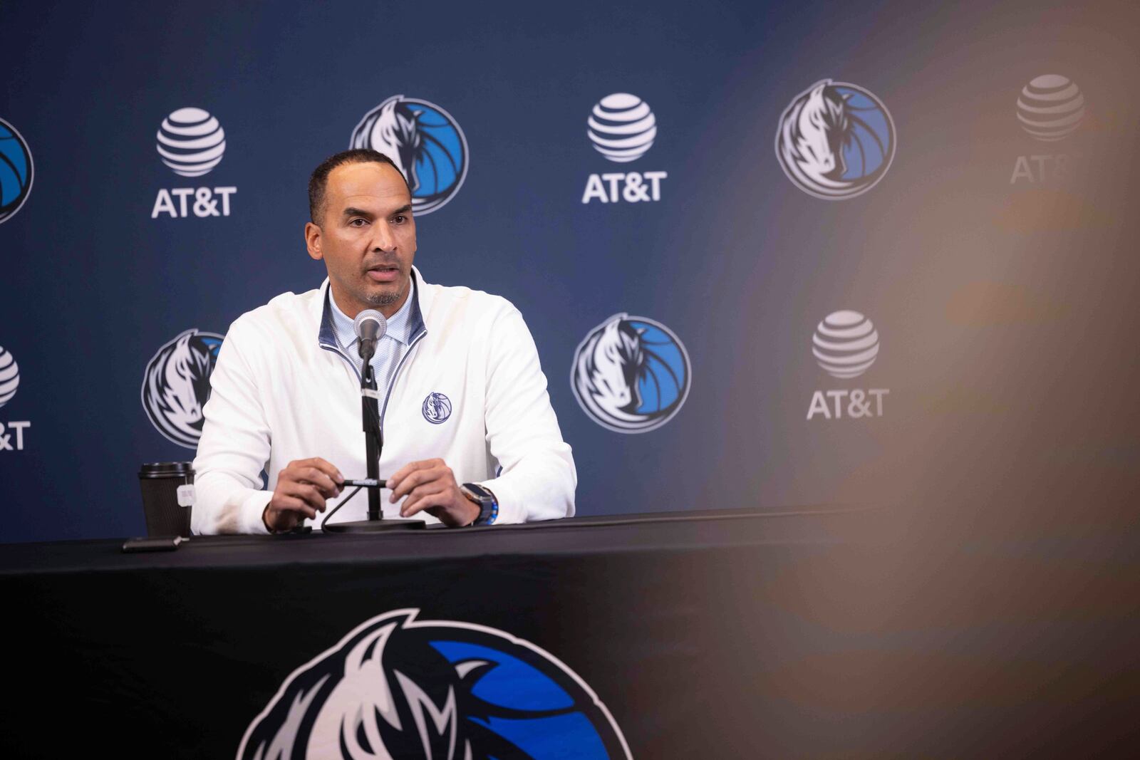 Mavericks GM Nico Harrison speaks during a press conference at the Mavericks Training Center in Dallas, Texas, Monday, April 21, 2025. (Juan Figueroa /The Dallas Morning News via AP)