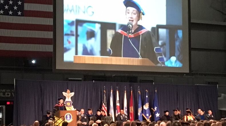 Secretary of the Air Force Heather Wilson addressed more than 240 graduates of the Air Force Institute of Technology on Thursday evening at the National Museum of the U.S. Air Force. BARRIE BARBER /STAFF