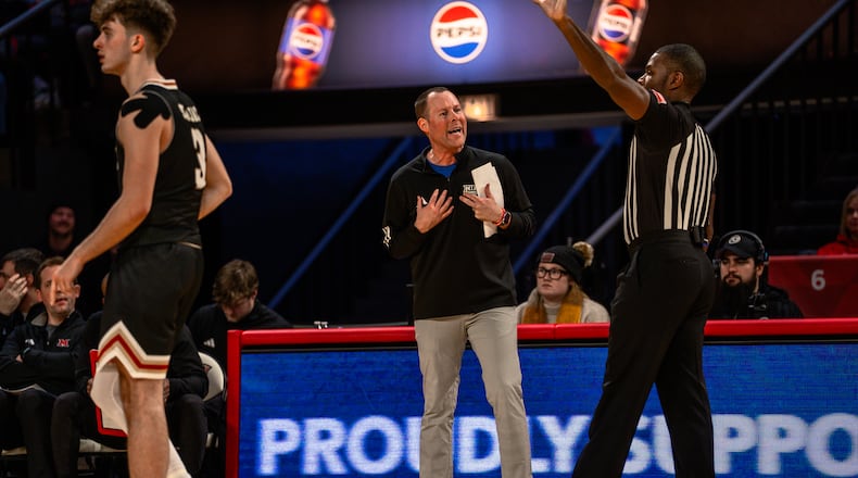 Miami University men’s basketball coach Travis Steele speaks to an official during their game against Akron on Saturday, Jan. 3, 2026 at Millet Hall in Oxford. WILL MIKLAUTSCH / CONTRIBUTED PHOTO