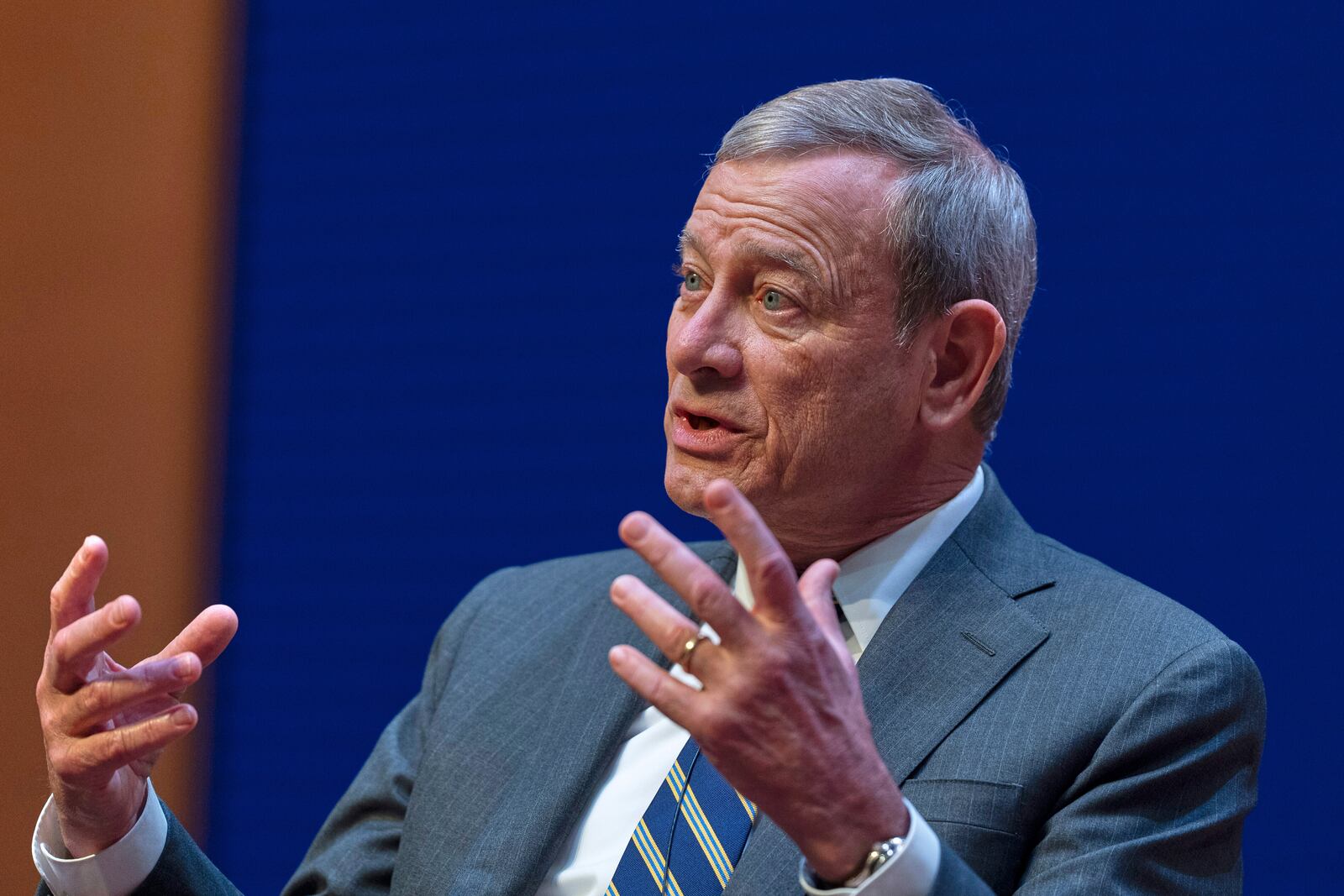 FILE - Chief Justice of the U.S. Supreme Court John Roberts speaks during a lecture to the Georgetown Law School graduating class of 2025, in Washington, May 12, 2025. (AP Photo/Manuel Balce Ceneta, File)
