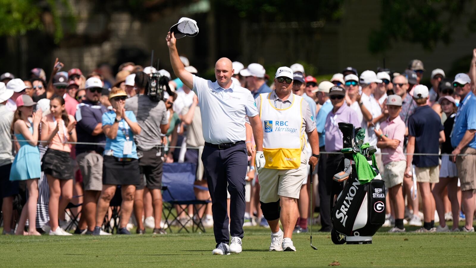 Sepp Straka celebrates his Eagle on the 16th hole during the second round of the RBC Heritage golf tournament, Friday, April 18, 2025, in Hilton Head Island, S.C. (AP Photo/Mike Stewart)