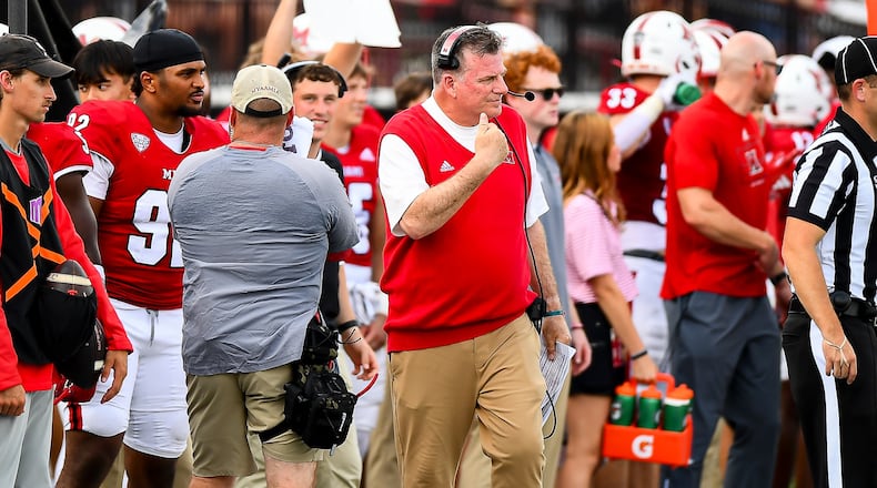 Miami football coach Chuck Martin gestures to his players during their game against UNLV last week at Yager Stadium. KYLE HENDRIX / CONTRIBUTED