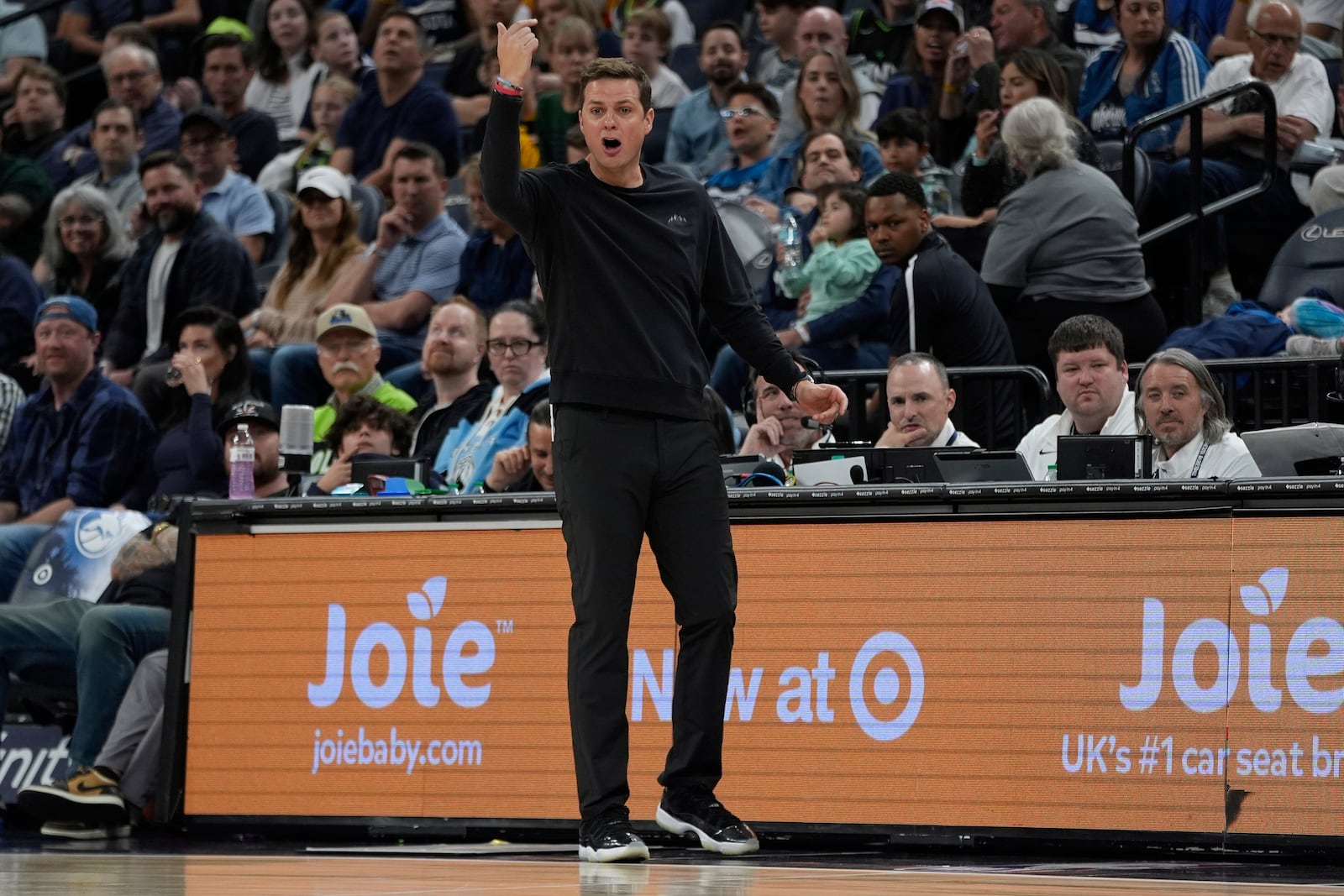 Utah Jazz head coach Will Hardy reacts during the first half of an NBA basketball game against the Minnesota Timberwolves, Sunday, April 13, 2025, in Minneapolis. (AP Photo/Abbie Parr)