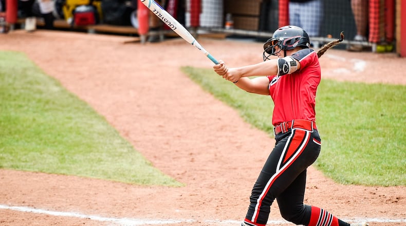 Lakota West’s Allie Cummins hits a single during their Division I state softball championship game against Massillon Perry Saturday, June 2 at Firestone Stadium in Akron. Massillon Perry won 11-1. NICK GRAHAM/STAFF